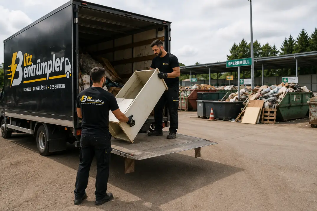 Mitarbeiter von Blitzentrümpler laden geräumtes Altmobiliar am Sammelzentrum vom Lkw ab