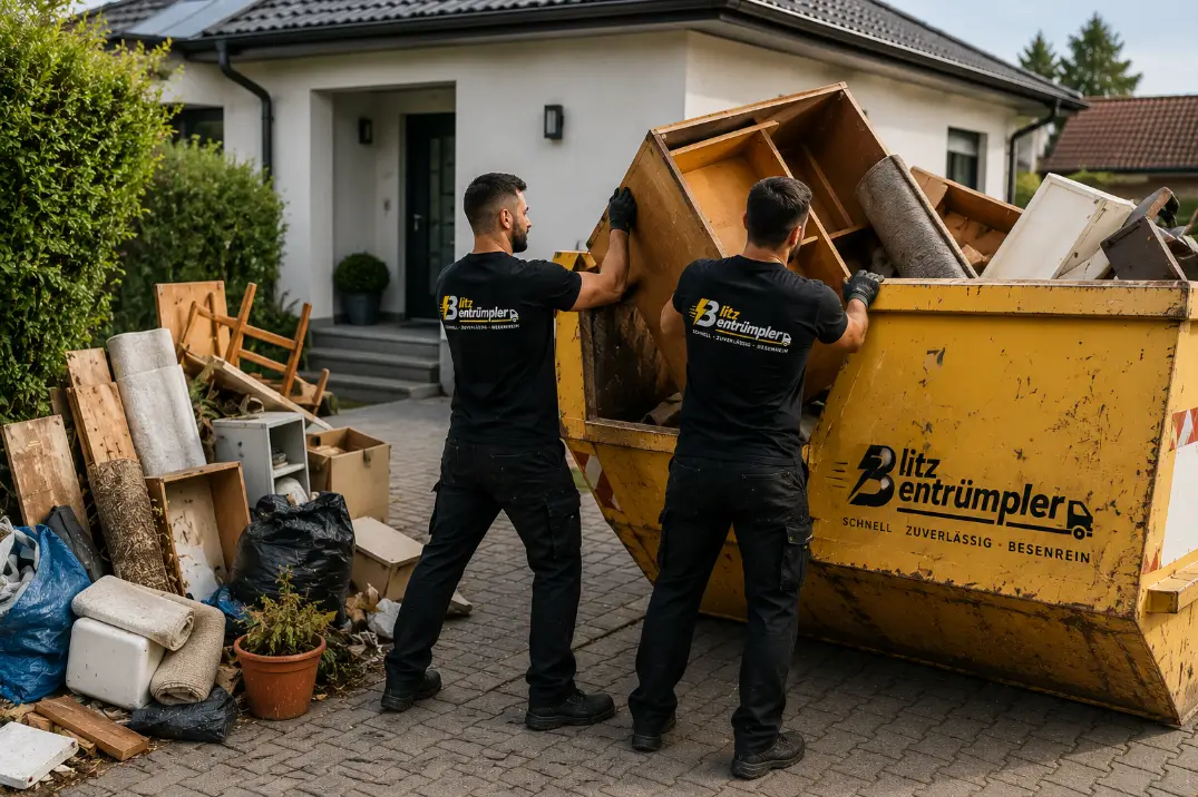 Zwei Mitarbeiter von Blitzentrümpler beladen bei einer Hausentrümpelung einen Container mit Altmöbeln und Altholz