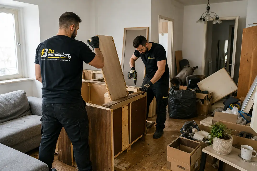Team von Blitzentrümpler demontiert bei einer Wohnungsentrümpelung einen Schrank für den Abtransport